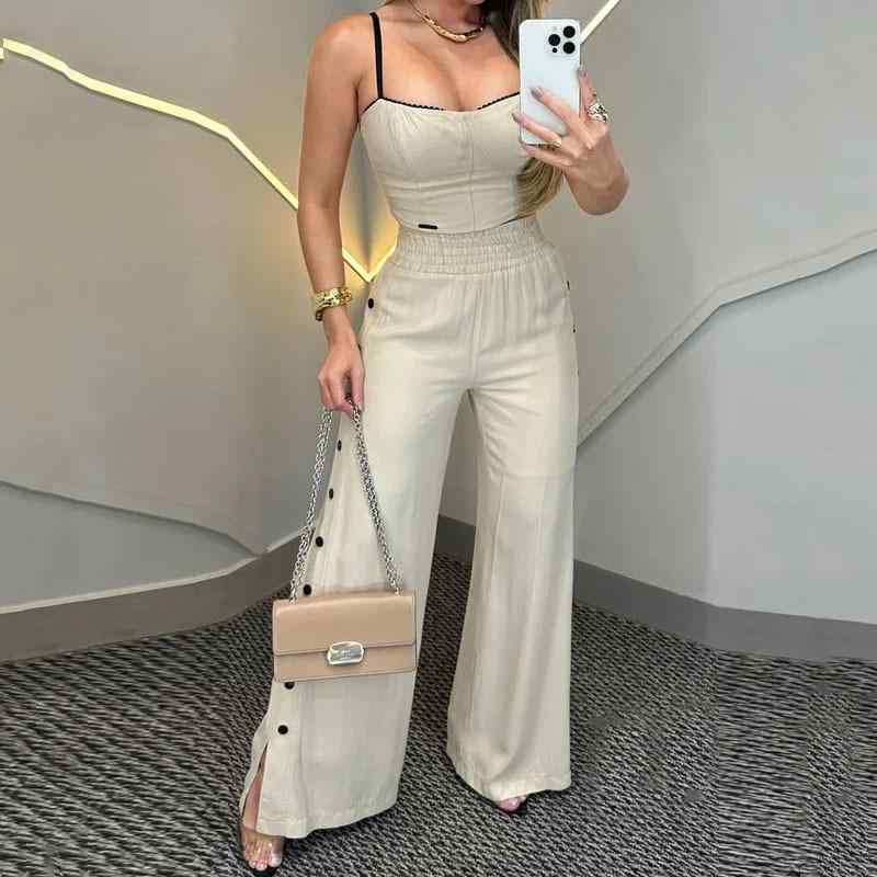 レディース 秋冬 吊り紐 トップス ワイドパンツ セット 乳白色 長丈 純色 ?綾 ポリエステル 95以上 気質 優雅 日韓 スタイル カジュアル 無袖 無パターン 高温定型 クロスボーダー ヨーロッパ アメリカ 東南アジア 人気 秋季 セットアップ ゆ