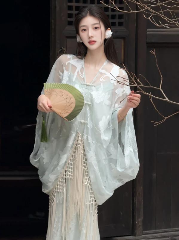 レディース 春夏 セットアップ ロングワンピース オープンステン ルーズフィット 吊り帯 ワンピース 刺繍 刺繍デザイン 幾何学模様 フリンジ 長袖 挿し肩袖 ポリエステル 再生繊維 涼感素材 吸湿速乾 ゆったりシルエット 芸術的 レトロ チャイナスタイ