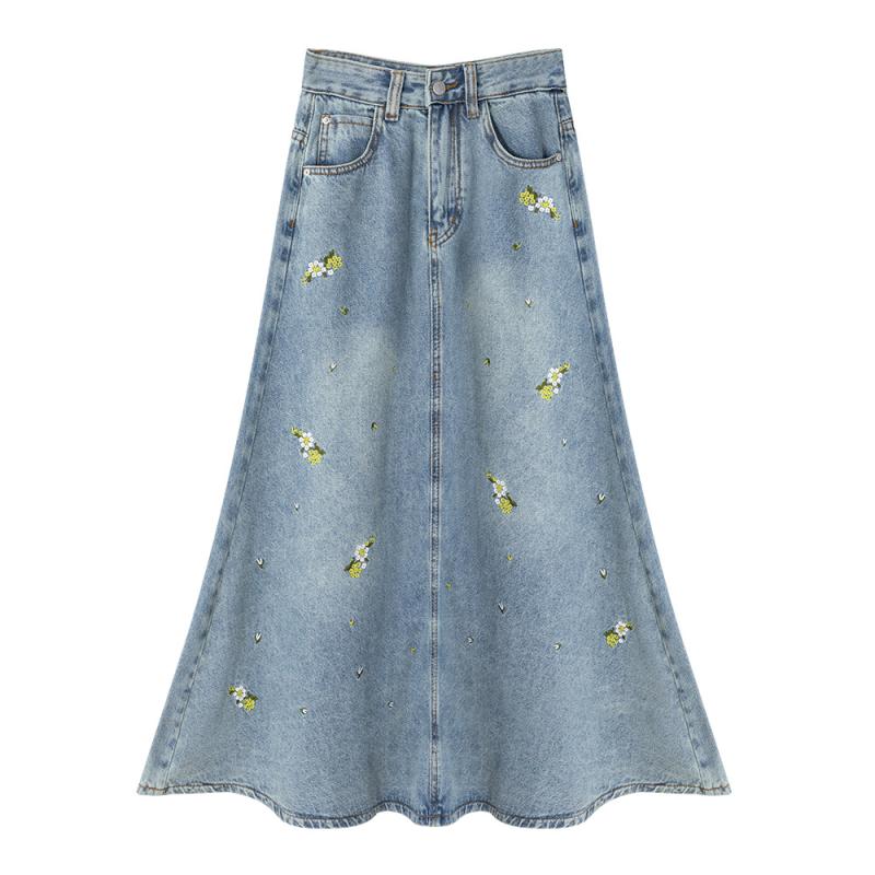 スカート 女性用 春夏 牛仔 半身スカート Aライン 中長丈 ハイウエスト スリム 花柄 刺繍 ライトブルー 綿 ポリエステル 混合 デニム 生地 ジッパー 田園 スタイル 日韓 カジュアル 普段使い 軽量 無弾性