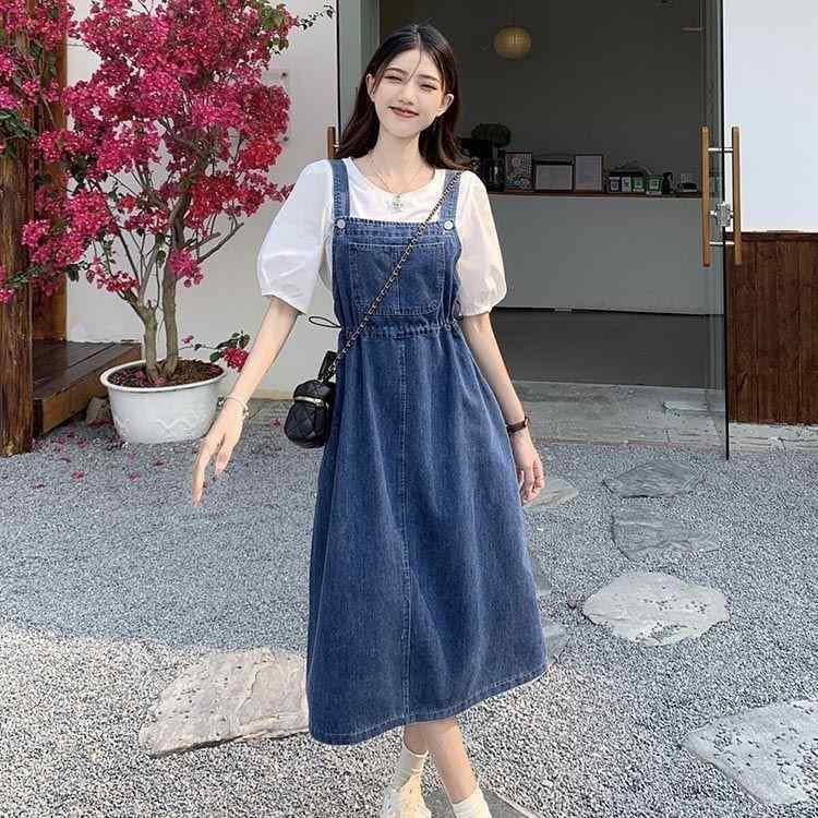 レディース 吊りスカート セット 春夏 デニム コットン ミドル丈 吊り帯 ワンピース トップス Tシャツ 学院風 清新 甘い 洗い加工 ブルー ホワイト シンプル ファッション 日常使い カジュアル 軽量 伸縮性 吸湿速乾 セットアップ スカートセット｜フォークBR