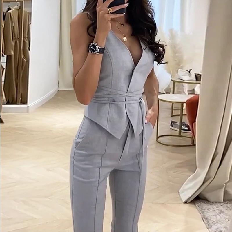 レディース セットアップ トップス ショートパンツ 無袖 切り替え デザイン ウエストシェイプ セクシー スタイル 長袖 なし 純色 グレー ブラック 綿混 ポリエステル 素材 軽量 通気性 吸湿速乾 伸縮性 日韓 カジュアル 普段使い 快適 フィット