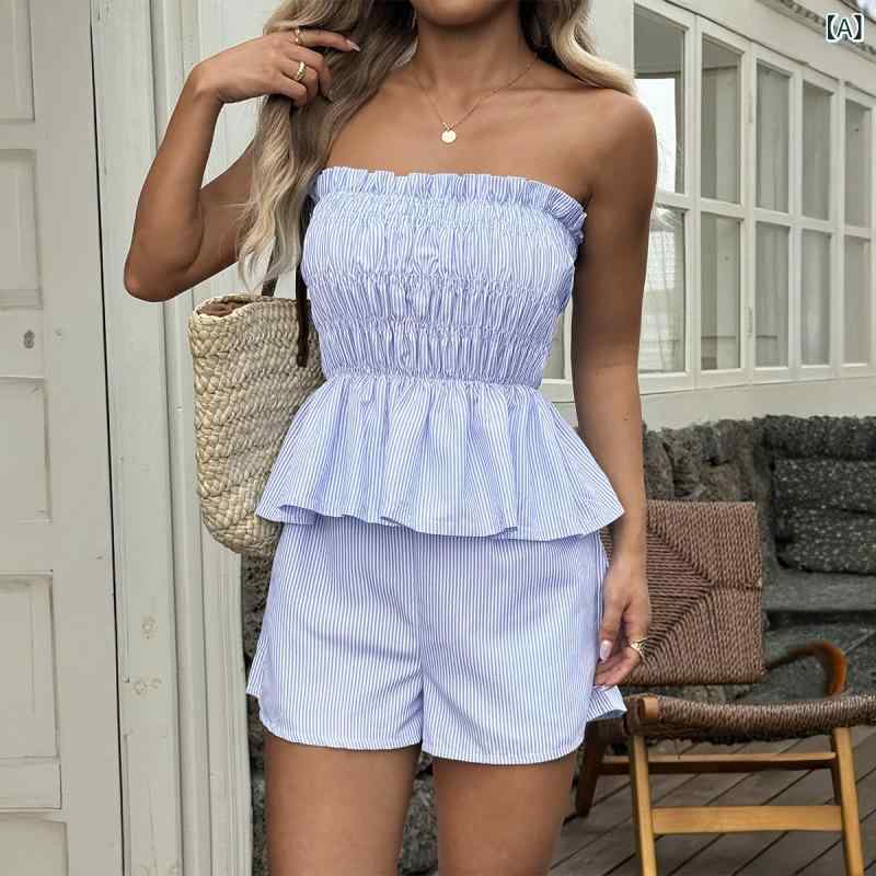 レディース 夏 トップス ショートパンツ セット 無袖 ストラップ フリル 木耳縁 プリーツ 切り替え 3分丈 ショーツ ストライプ チェック 柄 日韓 カジュアル スタイル ポリエステル 混 ビスコース 混紡 軽量 通気性 吸湿速乾 ブルー イエロー 4,856円