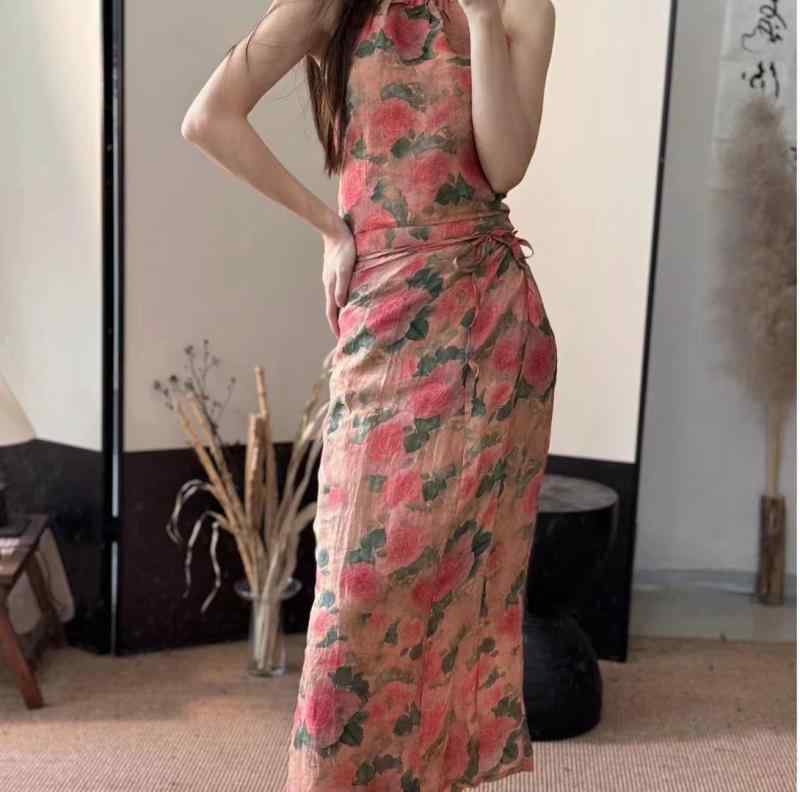 レディース 秋冬 ワンピース セット ?麻 綿麻 素材 フラワー柄 プリント 無袖 吊り帯 ワンピース 中長丈 スカート セット 復古 気質 切り替え デザイン 百搭 トップス スカート 組み合わせ 軽量 通勤 普段使い かわいい 女性用 秋 冬 コーデ