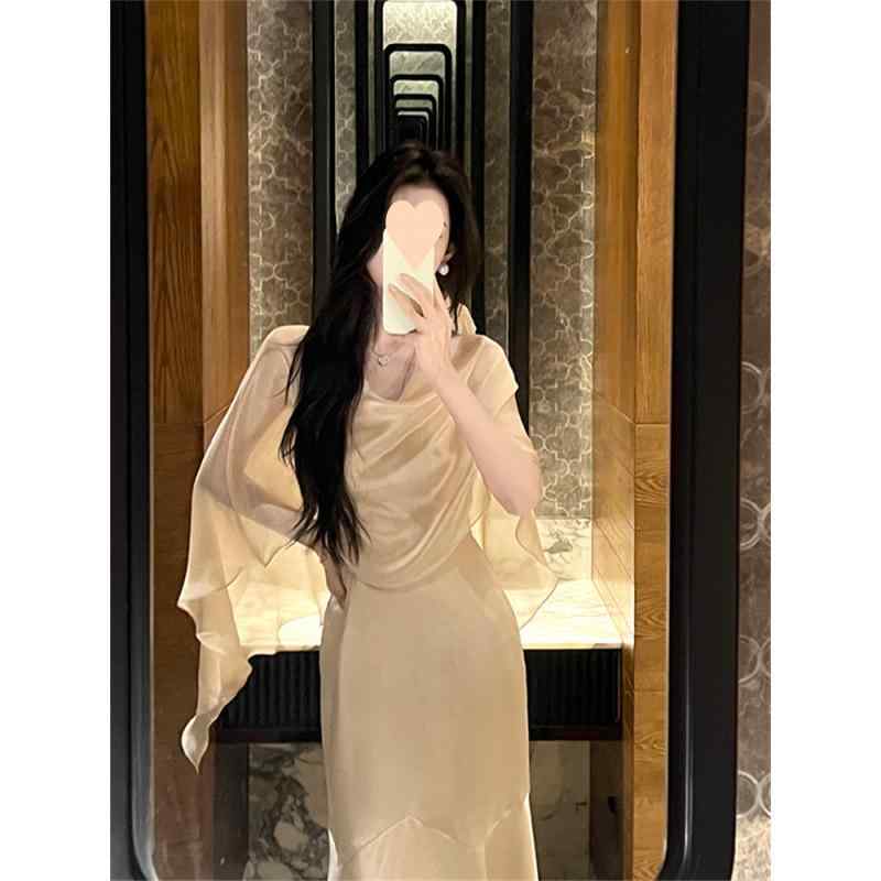 レディース セットアップ トップス スカート セット 茶色 気質 通勤 普段使い セット 長袖 フレアスリーブ ハイネック 切り替え デザイン コットン 混 紡 軽量 伸縮性 ビッグシルエット ハイウエスト 秋冬 コーディネート