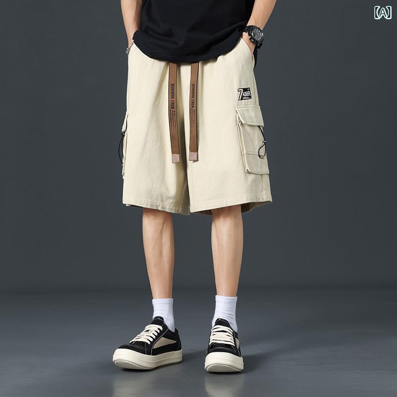 メンズ ショートパンツ 夏用 薄手 コットン 素材 透気性 吸湿速乾 高腰 直筒型 ミッドレングス ゆったり フィット 高弾性 多ポケット デザイン 純色 グレー ブラック カーキ ミリタリーグリーン カモフラージュ コーヒー迷彩 コットン95% 免?加