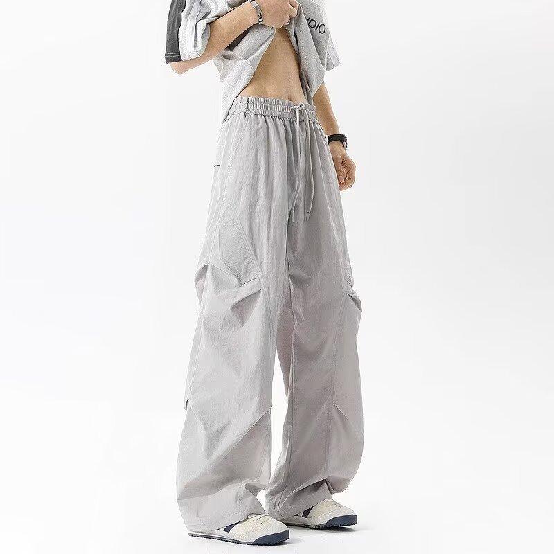 メンズ 工装パンツ 春夏 薄手 ワイドレッグ ストレートパンツ 速乾 ミリタリー スタイル 軽量 ストレッチ ポリエステル 素材 ブラック グレー ベージュ カラー 日常 使い ストリート ファッション 青少年 向け マイクロエラスティック 機能