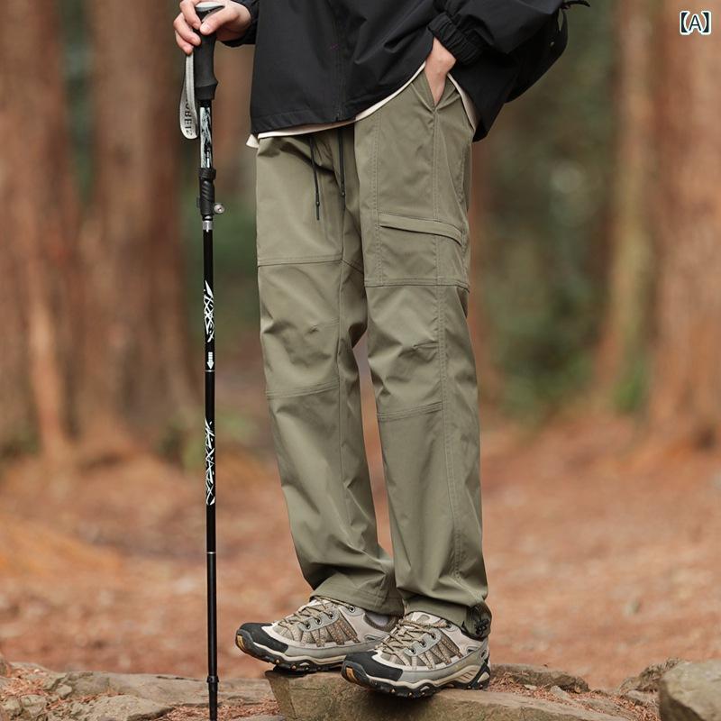 メンズ 工装パンツ 登山 ハイキング 秋冬 長ズボン ワイドレッグ ストレート ミッドライズ ベルト付き ドローストリング フリースライニング 暖か ゆったり 軽量 ストレッチ 通気性 防水 防風 耐久性 速乾 イージーケア ミリタリー 軍緑 ブラック