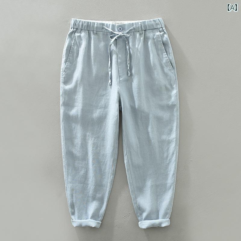 メンズ パンツ 薄手 ゆったり 直筒 麻 ショートパンツ 夏用 ミッドライズ ジップ フラット ソリッドカラー 多ポケット ノーストレッチ ライトブルー ナチュラルカラー イージーケア 日常 ユース ファッション カジュアル クリーン シック 快適 通気