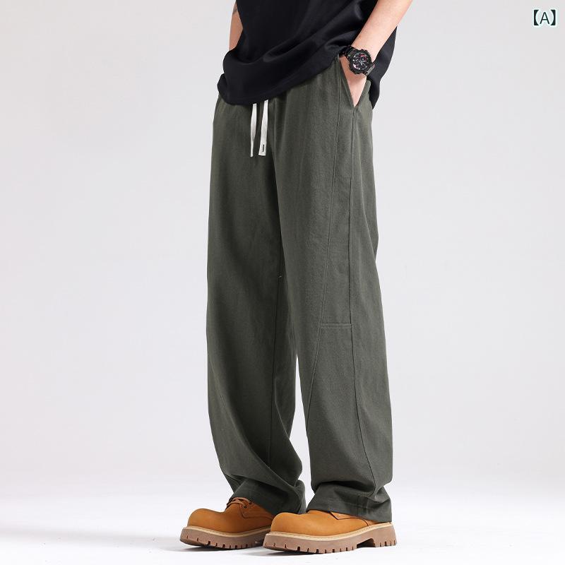 メンズ 工装パンツ 男性用 春季 秋冬 コットン 100% 素材 ワイドレッグ ストレートパンツ ミッドライズ マイクロストレッチ 免?加工 ポケットディテール 直筒 シルエット ゆったりフィット 軍緑 ブラック カラーバリエーション 春夏 秋冬 対応