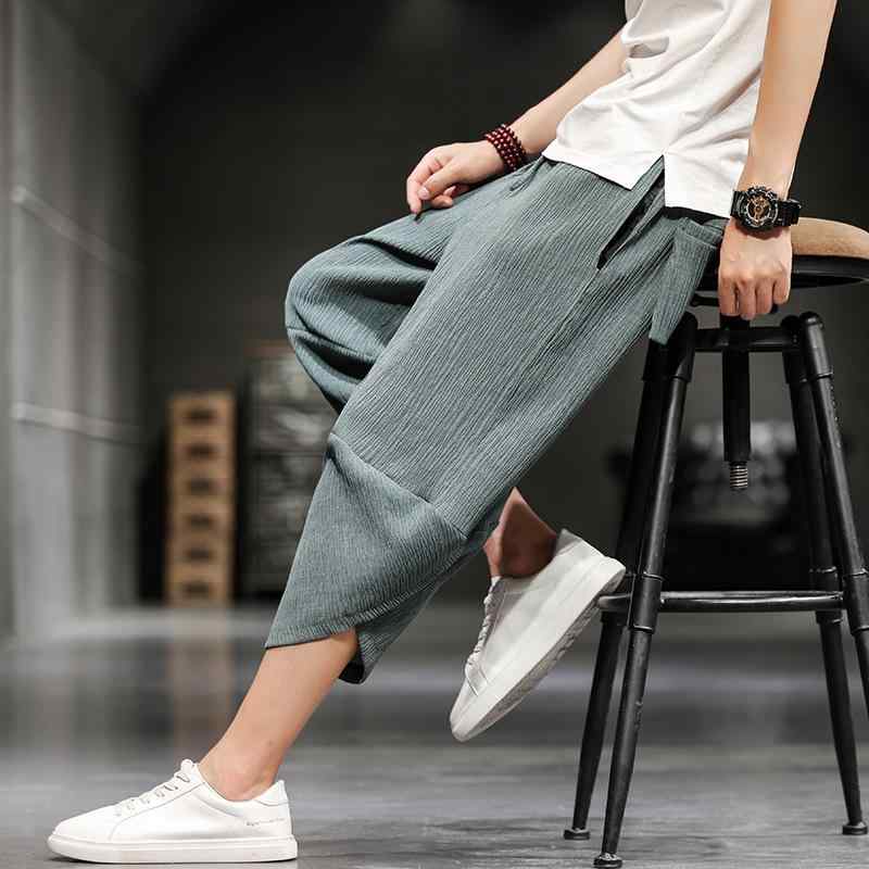メンズ 夏用 ハーレムパンツ 綿麻素材 純色 ミッドライズ ワイドレッグ 七分丈 ゆったりシルエット 微弾性 免アイロン加工 ポケット付き グレー ブラック アーミーグリーン ネイビー カジュアル 普段使い 軽量 通気性 吸湿速乾 青少年向け ビッグサイ