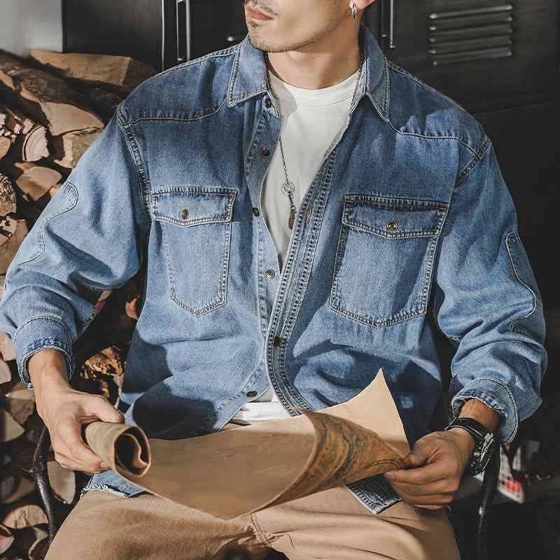 メンズ 長袖 シャツ トップス 秋冬 コットン 素材 免? 加工 翻領 デザイン ルーズフィット シルエット 日式 復古 スタイル 開襟 ボタン ステッチ ディテール 青少年 向け スポーツ シーン 普段使い ブルー ブラック カラー 選択