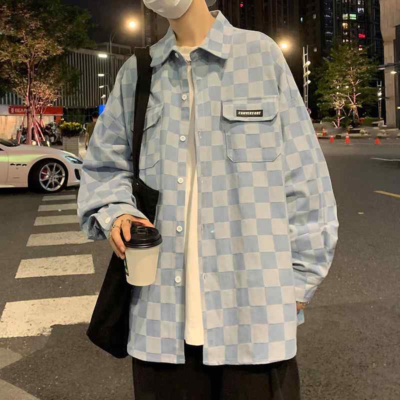 メンズ 長袖 チェック柄 シャツ トップス 牛仔 綿混 広幅 ゆったり 開襟 ポケット 韓国風 秋 黒 ライトブルー カジュアル デニム 切り替え 厚手 日常使い 秋冬 青少年向け ラフ スタイル 吸湿性 ストレッチ 軽量