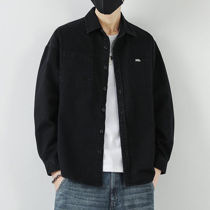 メンズ シャツ トップス 広幅 ゆったり トレンド カジュアル 長袖 開襟 綿 薄手 防シワ 耐久 色落ち防止 シンプル 日常使い 春 ブラック グレー ミリタリーグレー ダークカーキ ゆったりシルエット 青少年向け 機洗い可能 高温定型 純色 長袖シャ