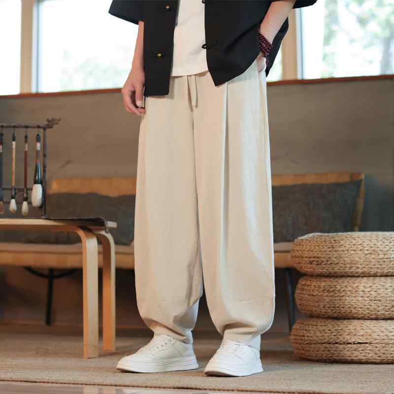 メンズ 夏用 灯芯パンツ 綿麻 薄手 復古風 ゆったり小脚 ファッショナブル レジャーパンツ 純色 ミッドライズ ドローストリング コットン100 透気性 ノーアイロン コントラストカラー ブラック グレー ネイビー カーキ ゆったりシルエット 夏向け