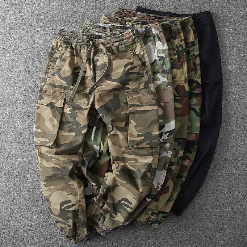 メンズ 工装パンツ 秋冬 迷彩柄 綿素材 ストレッチ 耐摩耗 ワイドレッグ 束脚 コーンフィット ミッドライズ ロープクロージャー コットン100 コットン ミリタリー カジュアル ユース 春秋 緑迷彩 森林迷彩 山地迷彩 砂迷彩 ブルー 長ズボン 針織