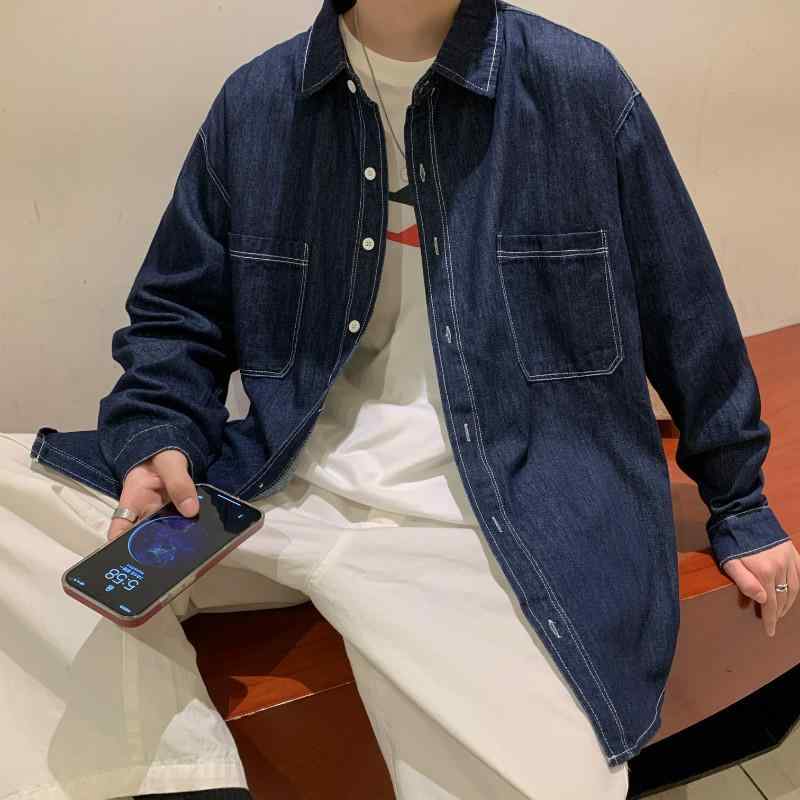 メンズ シャツ デニム トップス 秋春 薄手 韓国風 トレンド ルーズ フィット カジュアル ジャケット ワークウェア 開襟 長袖 無地 ポケット 装飾 青少年 向け 免アイロン 加工 深ブルー ライトブルー デニム素材 81% 以上 ゆったり シルエッ
