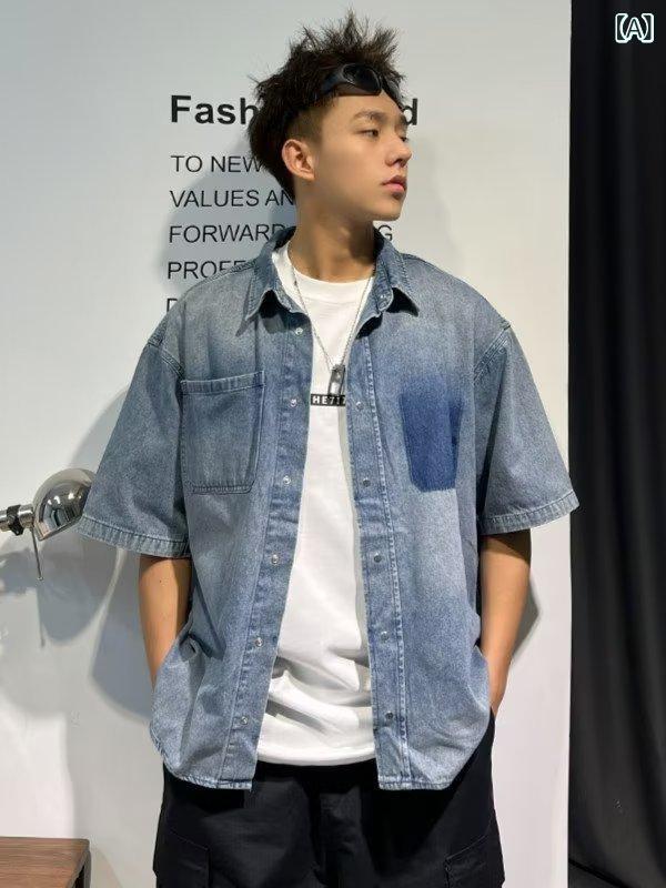 メンズ 牛仔 シャツ 短袖 デニム トップス ルーズフィット 洗い加工 日系 カジュアル 上着 青春 流行 開襟 翻領 ポリエステル 混紡 免?処理 日常 着用 青少年 向け ブルー 普通 厚み 四季 通年 使い