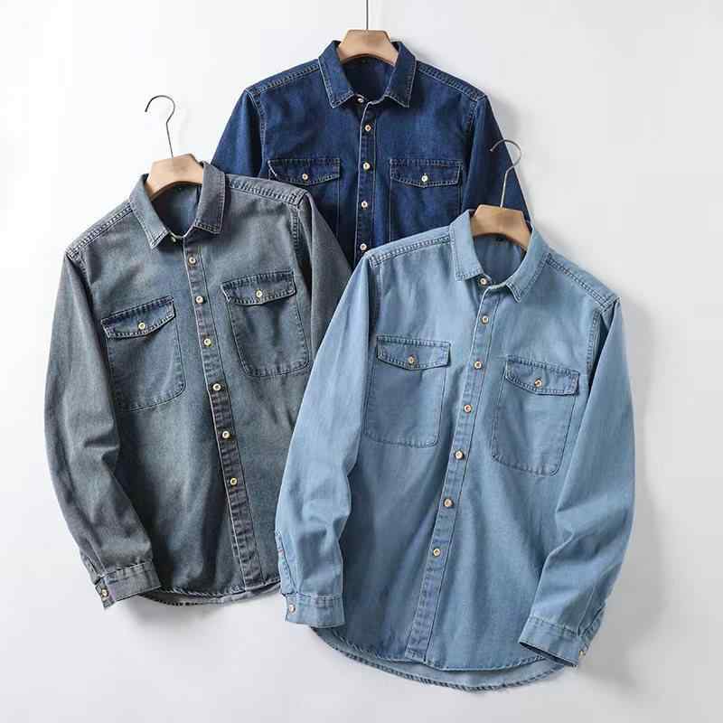 メンズ シャツ トップス 牛仔 コットン 100% 長袖 翻領 ワイド ルーズ フィット 洗い加工 ビンテージ 風 ドゥーオールド スタイル 黒 ネイビー ライトブルー 春 秋 軽熟 カジュアル ファッション 都市 青年 向け ゆったり シルエット 機洗