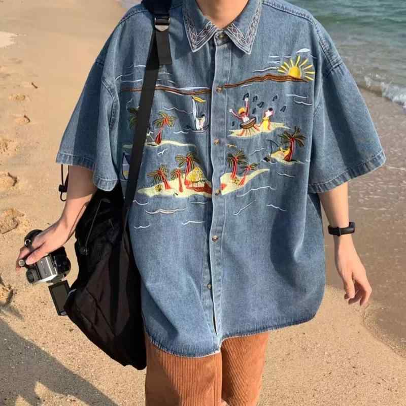 メンズ 牛仔シャツ 短袖 刺繍 復古 夏 街頭 ビーチ ハワイアン ココナッツツリー ワイドシルエット トップス 涼しい 日常 軽量 ポリエステル ブルー 印花 植物柄 開襟 ゆったり 青春ファッション