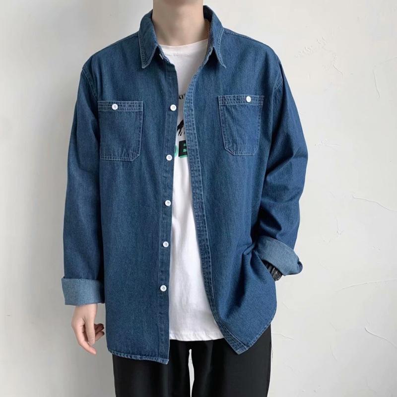 メンズ シャツ 長袖 デニム シャツ トップス ポリエステル 吸湿速乾 通気性 韓風 ルーズフィット 翻領 ポケット ディテール ゆったり シルエット 日常使い デイリー コーデ 深青 ライトブルー 四季 対応 カジュアル シャツ ジャケット 風 レイヤ