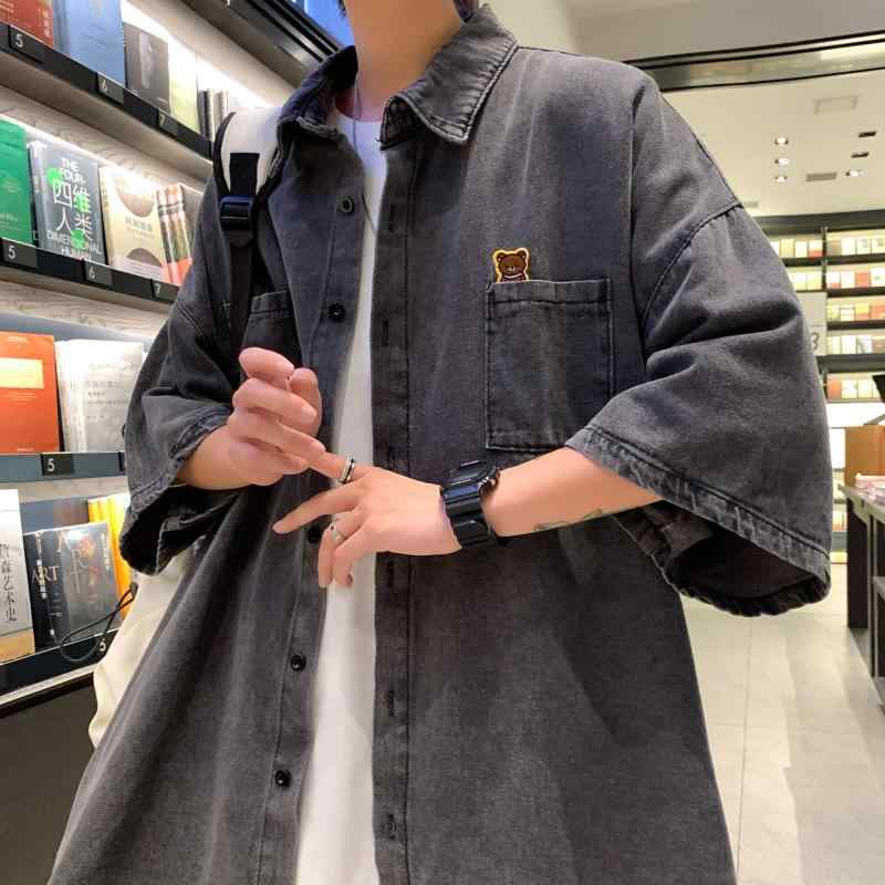 メンズ シャツ トップス デニム風 短袖 薄手 軽量 耐摩耗 ポリエステル ?? 切り替え ピンカラー スタンドカラー ワイドシルエット ルーズフィット ビンテージ トレンド 夏 春夏 黒灰 ブルー ブルー系 休? 軽熟 カジュアル 外出 通勤 普段使い