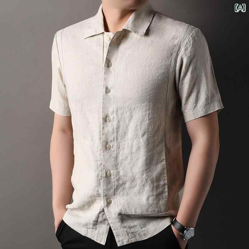 メンズ プルオーバー 短袖 麻 100% 夏用 中年 成人男性用 国風 商行為 成人男性 透人となり 吸湿速乾 洗い濯ぎ機可 薄っぺら 練り合わせる型 翻領 衣嚢 日常 浅カーキ 白いこと 黒いこと