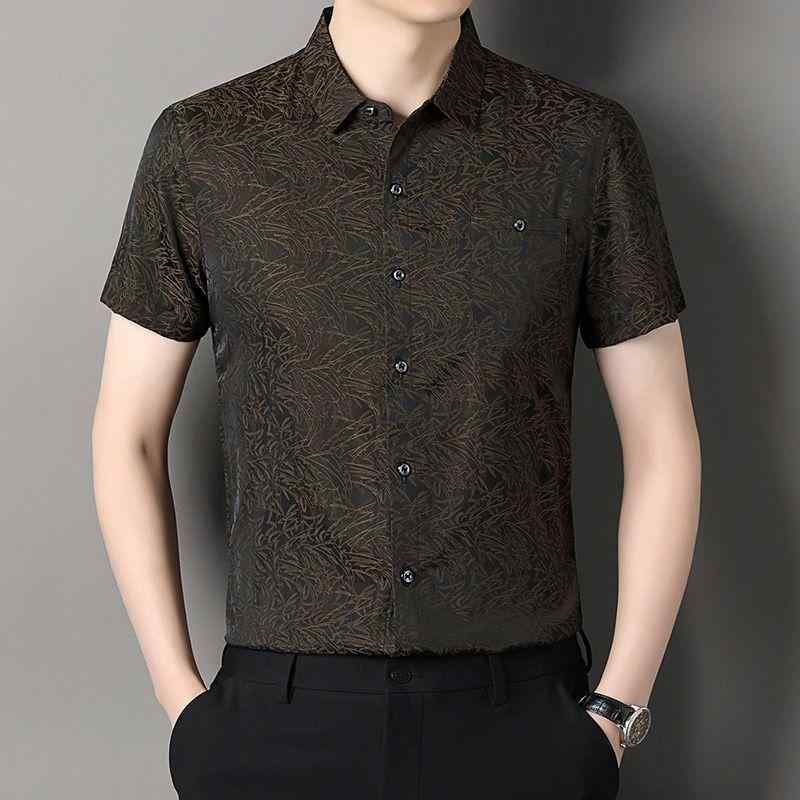 メンズ 短袖 シャツ 桑蚕? 真? 麻 96% 透気性 吸湿排汗 免? 加工 薄手 幅広 リラックス フィット 立襟 プリント ポケット 青少年 向け 日常 使い 青 赤 グレー ブラウン 夏 トップス 綿 似 軽量 シルク 風 接触冷感 機能 形状 シ