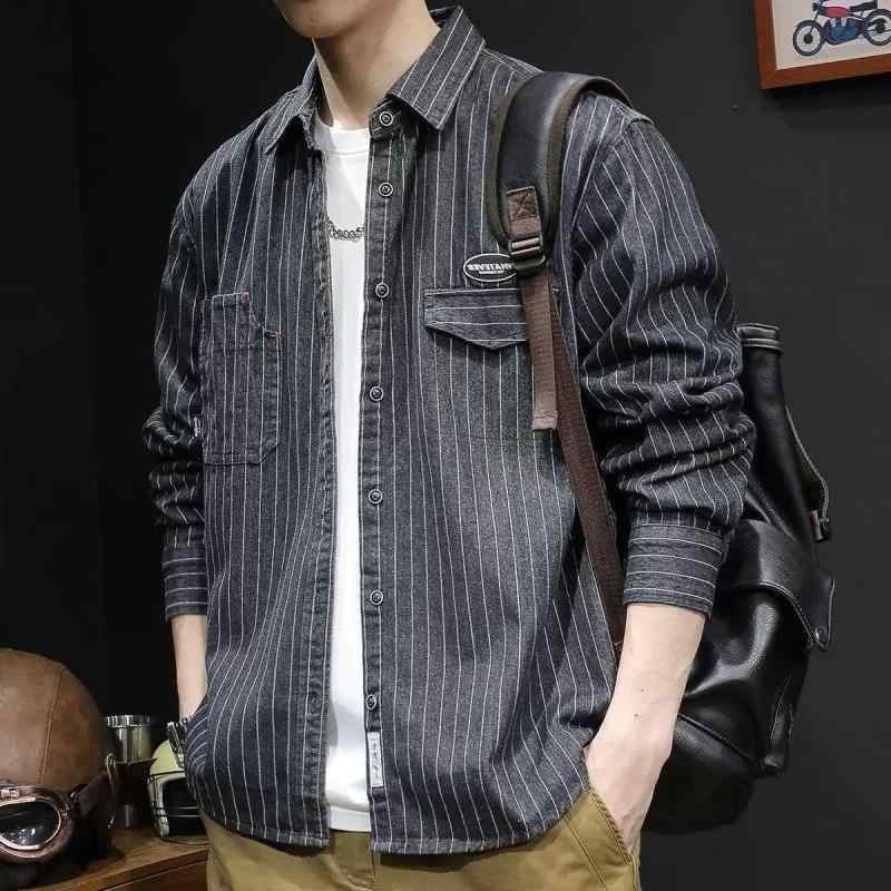 メンズ シャツ 長袖 条紋 デニム トップス 牛仔 ワイドシルエット 開襟 ポケット 付き ポリエステル ポリエステル繊維 軽熟 軽量 カジュアル スタイル 春秋 秋冬 春夏 ブルー ブラック ゆったり ルーズフィット 免? 加工 青年 向け 普段使い