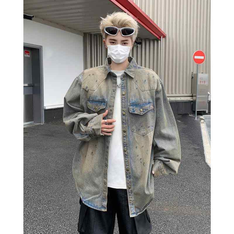 メンズ シャツ トップス 牛仔 デニム 長袖 開襟 翻領 ゆったり ルーズ フィット 美式 レトロ ヴィンテージ スタイル ミリタリー 工装 ジャケット コート 外套 多ポケット 耐摩耗 コットン 綿素材 ワッシャー加工 水洗 ブルー 色 青春 ポップ