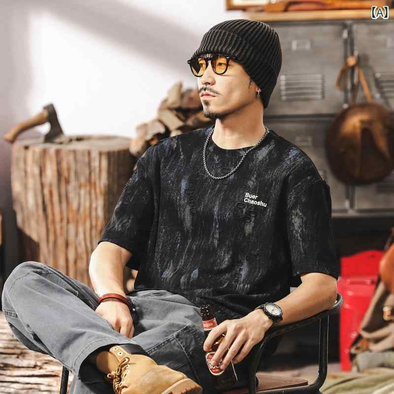 メンズ Tシャツ 短袖 夏用 ゆったり ルーズフィット 綿 精梳綿 接触冷感 吸湿速乾 抑菌 落肩袖 ラウンドネック 薄手 破れ加工 切り替え 刺繍 アルファベット柄 ブラック ホワイト ストリート ファッション スポーツ 普段使い ティーン ユース ス