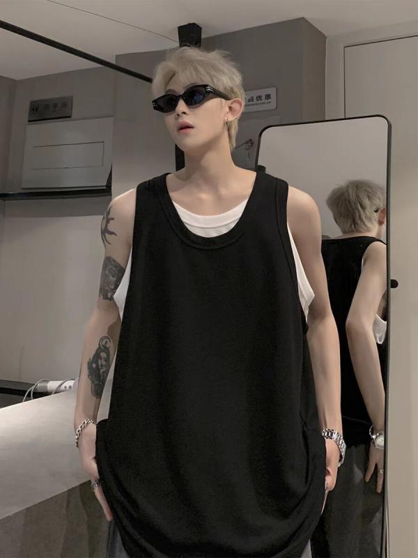 メンズ 無袖Tシャツ 偽ツーピース ワッフル柄 レイヤード ベスト 無袖タンクトップ 薄手 涼しい 吸湿速乾 ポリエステル 素材 ゆったりシルエット 丸首 セットアップ 切り替えデザイン 夏用 グレー ブラック 通勤 普段使い スポーツ 透気性 軽量 カ