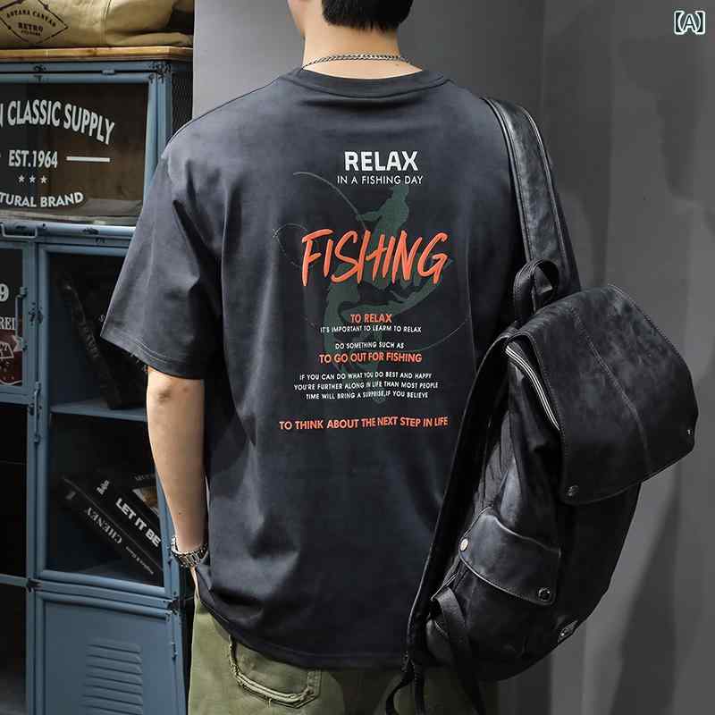 Tシャツ メンズ 短袖 半袖 丸首 ゆったり ルーズフィット コットン 綿素材 プリント柄 文字柄 数字柄 落肩袖 薄手 軽量 透気性 通気 夏用 夏季 黒灰色 グレー系 ライトグレー ベージュ系 杏色 ファッション ストリート 都会 ゆったりトップス