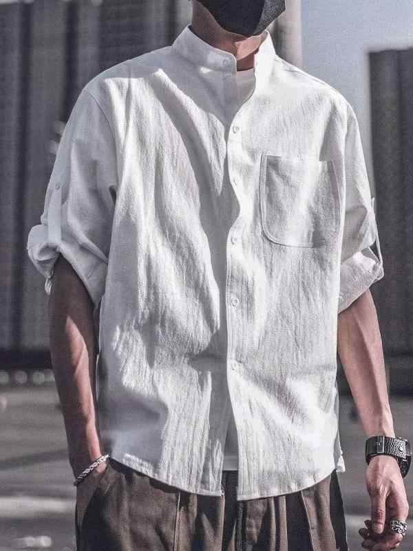 メンズ 短袖 シャツ 立領 七分袖 綿麻 薄手 ゆったり 港風 レトロ 無地 ポケット 白色 ブラック アーミーグリーン 接触冷感 吸湿速乾 免? 軽量 夏用 普段使い 通勤 青少年 カジュアル トップス 開襟 麻混紡 ユニセックス ゆったりシルエット