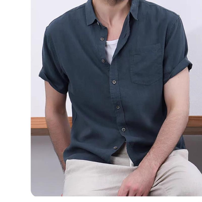 メンズ 短袖 麻 シャツ トップス 薄手 ゆったり シルエット 開襟 デザイン 透気性 軽量 接触冷感 吸湿速乾 無地 グレー 系 麻 素材 再生繊維 ミックス 春夏 秋 シーズン 対応 日常 使い 休日 スタイル カジュアル 着こなし｜フォークBR