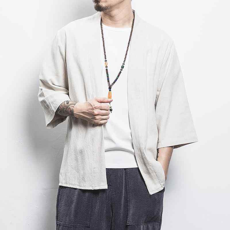 メンズ 漢服風 開襟 シャツ 麻 混紡 立襟 七分袖 フラワー柄 薄手 ゆったり フィット ブラック 麻本色 春夏 復古 ファッション レジャー トップス 吸湿速乾 軽量 通気性 良い カジュアル スタイル 青年向け 上着 日常使い