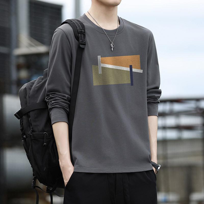 長袖Tシャツ メンズ 秋冬 純綿 トップス インナー 打底シャツ 薄手 セーター 風 ゆったりシルエット 丸首 長袖 無帽 ソリッドカラー プリント柄 透気性 吸湿速乾 深グレー ブラック ホワイト 赤系 グレー系 カジュアル 普段使い 部屋着 アウトド