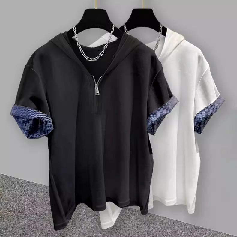Tシャツ メンズ 夏用 連帽 半ファスナー ストライプ 切り替え 短袖 トップス ゆったり ルーズフィット 薄手 軽量 ポリエステル 混紡 ブラック ホワイト グレー ストリート カジュアル 日常使い 吸湿速乾 色落ちにくい 半袖 ビッグシルエット 青春