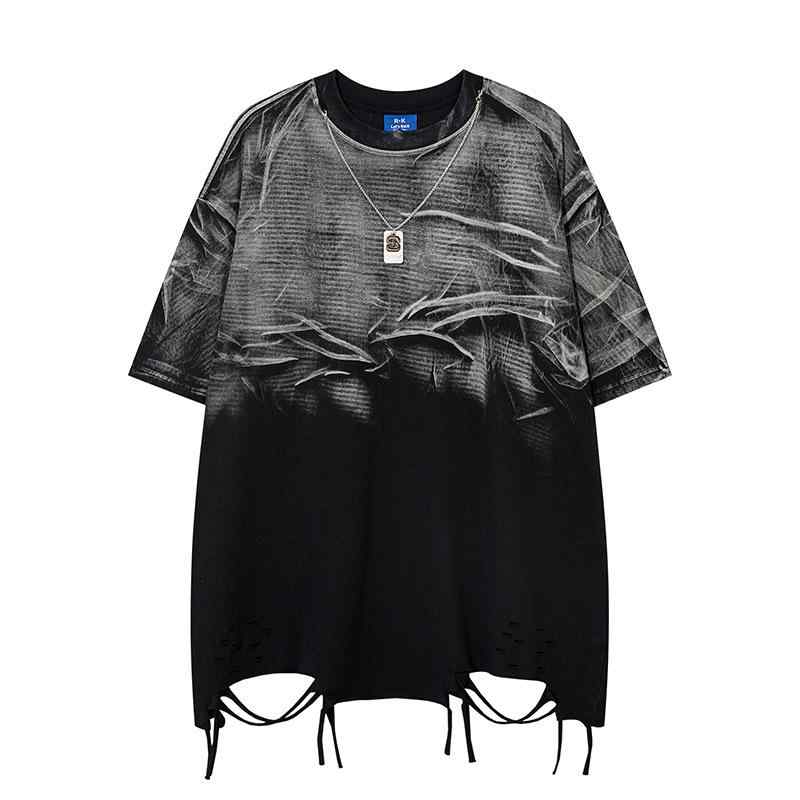 メンズ Tシャツ 短袖 夏用 ブラック 綿100% 透気性 吸湿速乾 ルーズフィット 落肩袖 丸首 セットイン 日常使い 金属装飾 幾何柄 タイダイ加工 ビンテージスタイル ストリートファッション ティーンエイジャー向け 軽量 250g～300g