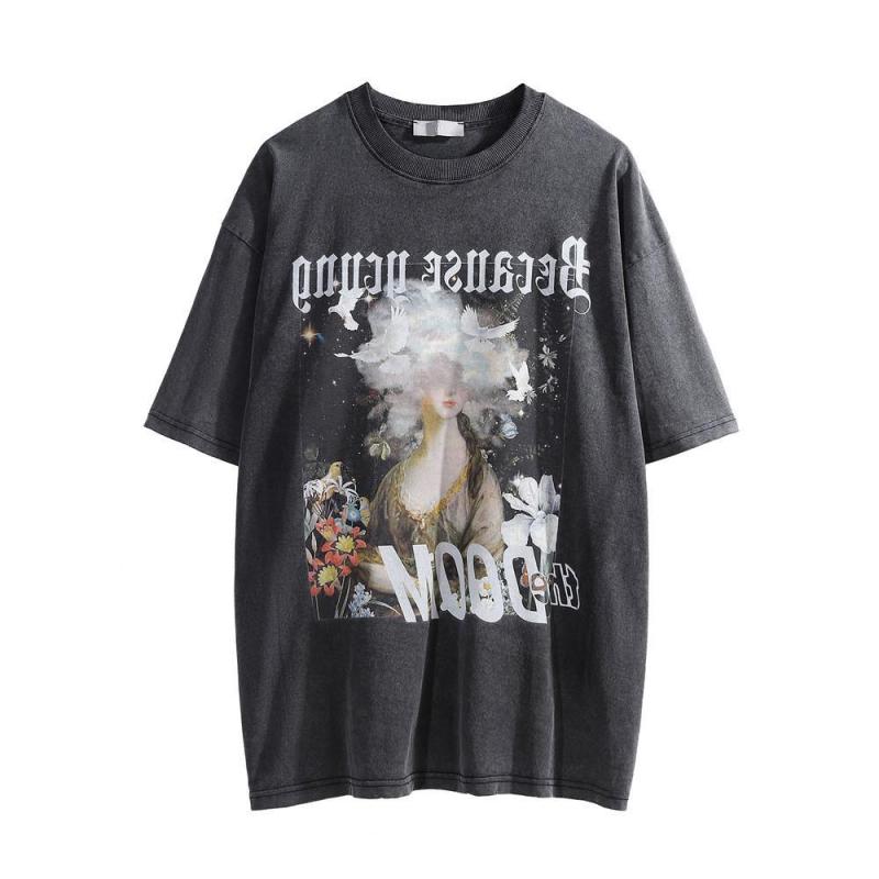 メンズ 短袖 Tシャツ 人物プリント 夏用 インスピレーション ストリート ゆったり ラウンドネック ウォッシュド加工 ヴィンテージ加工 コットン 透気性 黒 ゆったりシルエット 短袖トップス 綿素材 吸湿性 日常カジュアル 夏服 メンズウェア 人物柄