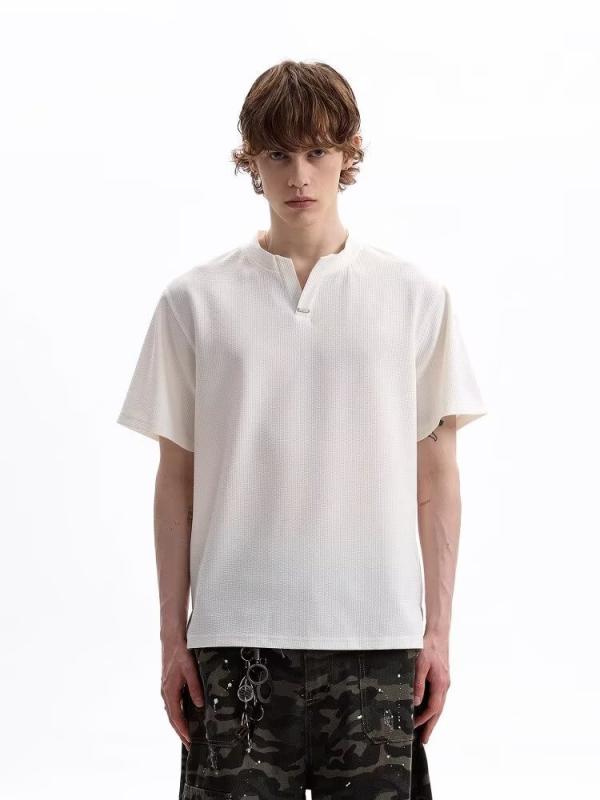 メンズ Tシャツ Vネック 半袖 夏用 復古 アメリカンスタイル ゆったりシルエット ポリエステル素材 無地 金属装飾 免?加工 白色 深灰色 日常カジュアル 吸湿速乾 軽量 通勤 普段使い 青年向け トップス 半袖トップス