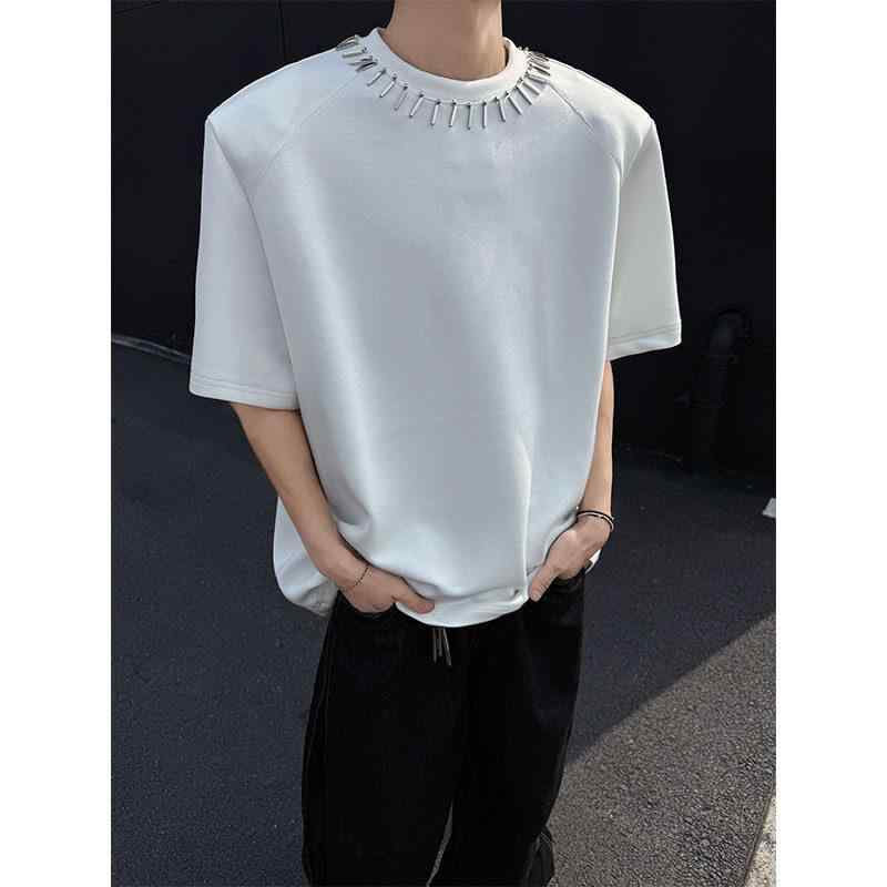 Tシャツ メンズ 短袖 ラウンドネック 金属装飾 肩パッド ゆったりシルエット アメリカンスタイル ストリートファッション 日常着 純棉素材 ミルクプロテインファイバー 接触冷感 白色 ブラック 吸湿速乾 軽量 通勤 外出 春夏 秋