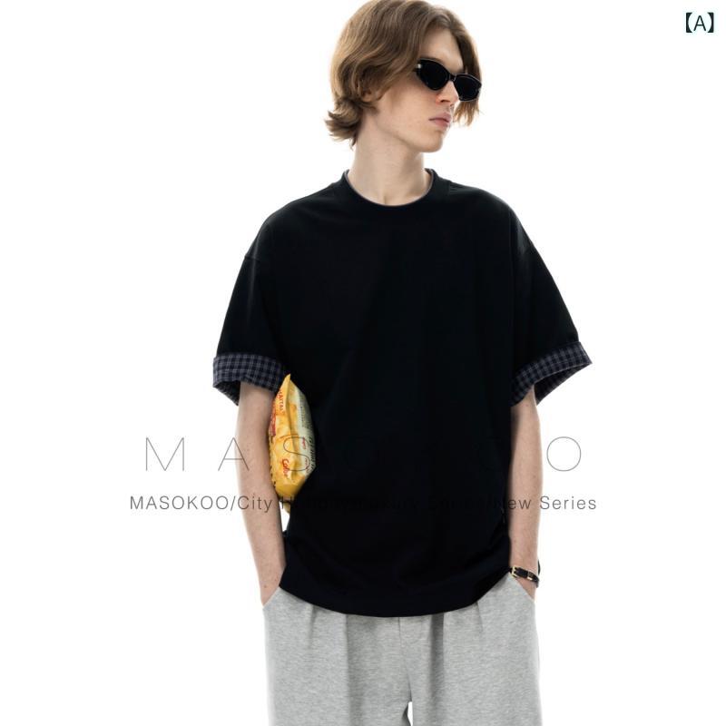 メンズ Tシャツ トップス 切り替え 格子柄 丸首 短袖 半袖 夏用 通勤 普段使い 部屋着 軽量 薄手 純棉 綿素材 抗菌 加工 ゆったり ルーズフィット ビッグシルエット 黒 グレー ライトグレー ダークグレー ストリート カジュアル ストリートファ