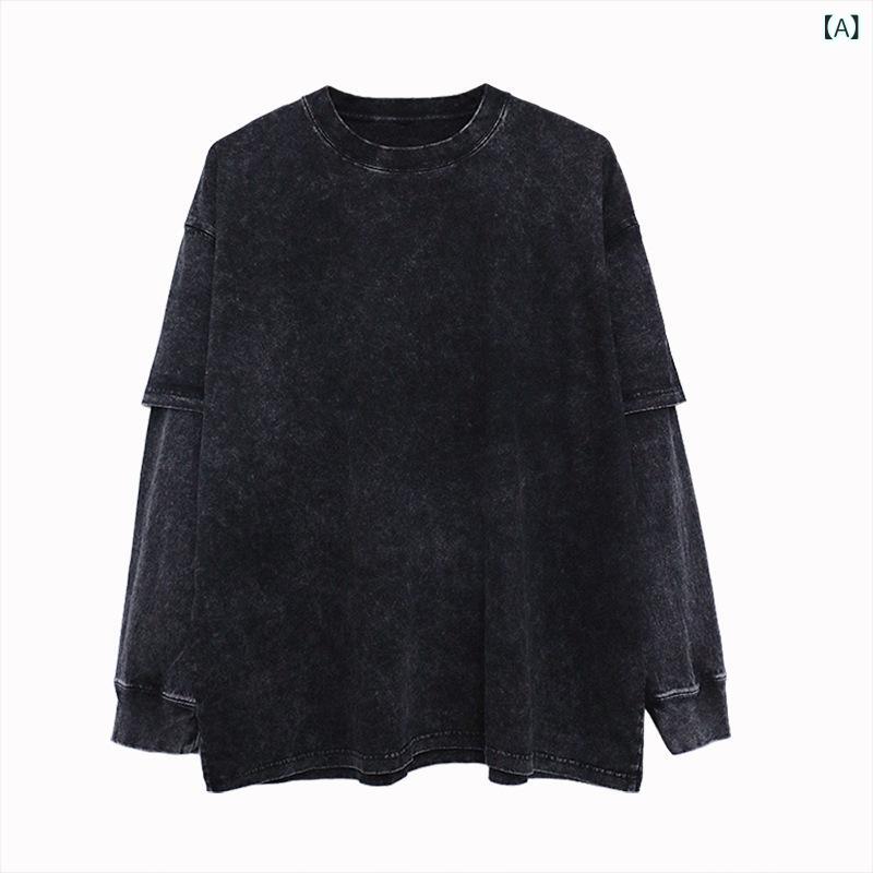 メンズ Tシャツ 長袖 オーバーサイズ ゆったり ワイドシルエット 落ち肩 レイヤード風 偽2枚重ね 洗いざらし加工 ヴィンテージ風 コットン 綿100% 無地 ブラック 秋 秋冬 ストリート カジュアル レイヤード 普段使い トップス インナー