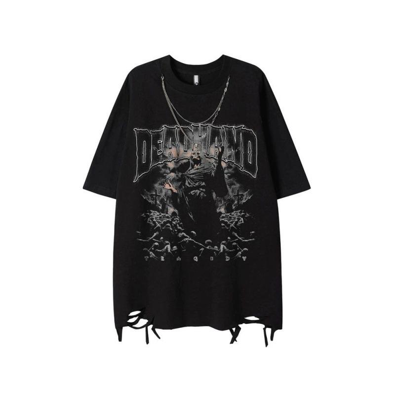 Tシャツ メンズ 夏 短袖 丸首 ゆったり 綿 素材 ブラック ホワイト ヒップホップ ストリート 破れ プリント ロゴ 日常 使い 大きめ 吸湿速乾 軽量 かわいい 個性 派手 デザイン ビッグシルエット ラフ スタイル