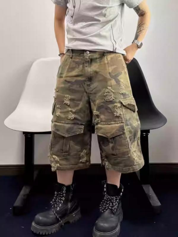 カーゴパンツ メンズ レディース 迷彩柄 七分丈 ワイドレッグ 破れ加工 綿素材 夏向け 日常使い 耐摩耗 多ポケット 高腰 直筒 ルーズフィット ストリートスタイル ゆったり ショートパンツ
