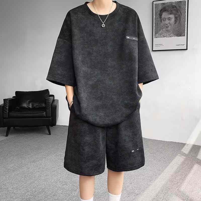 メンズ 夏季 綿 素材 接触冷感 スポーツ セットアップ 短袖 Tシャツ ショーツ 黒 色 セット 白色 セット 軽量 薄手 ゆったり シルエット 吸湿速乾 日常 運動 普段使い カジュアル スタイル