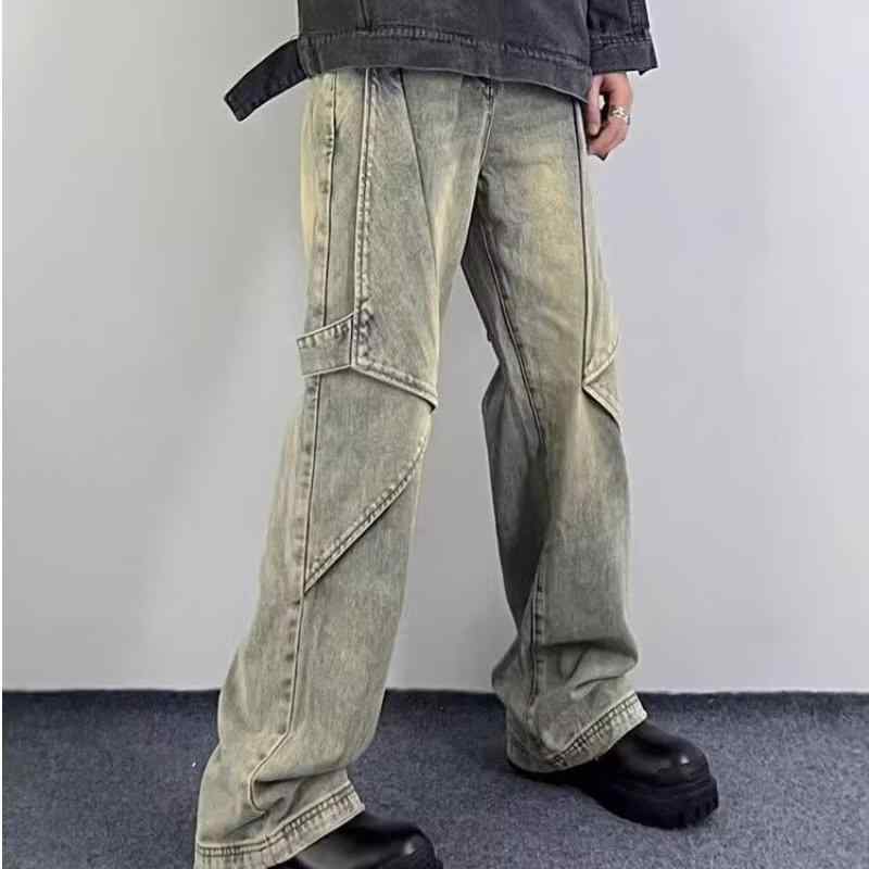 メンズ 牛仔パンツ 復古 洗い加工 泥黄色 春夏 秋冬 ワイドレッグ ミッドライズ ストレート コットン 無弾性 ゆったり ルーズフィット カジュアル 普段使い デニム ロングパンツ 直筒 基本スタイル 青少年向け 簡単ケア