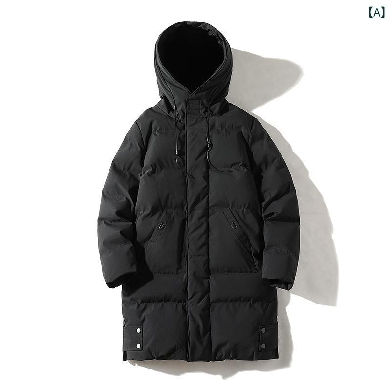 コート メンズ 冬 秋冬 中長丈 綿服 厚手 保暖 コットンコート ワイドシルエット フード付き ジップアップ ポリエステル 裏地 無地 サイドポケット ゆったり 大きいサイズ 軽量 免? 加工 直裾 カジュアル 普段使い ビジネス ミドルエイジ 黒 緑