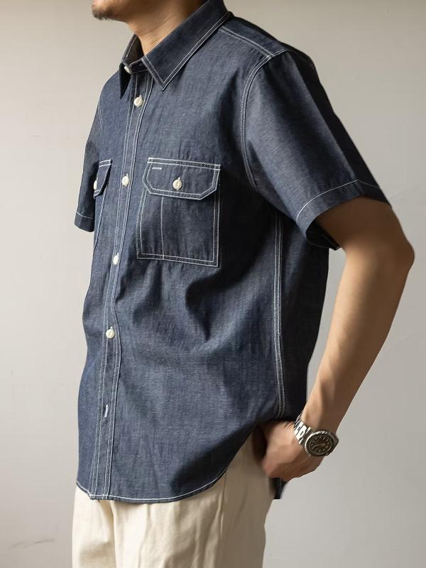 メンズ シャツ トップス 短袖 夏用 ゆったり 牛仔風 軽熟 デイリー カジュアル 免? ポリエステル 混紡 ポケット 装飾 純色 ブルー 青少年 男性用 ラフ スタイル 日常使い 軽量 吸湿速乾 ビッグシルエット 翻領 ミッドスリーブ ゆったり フィッ