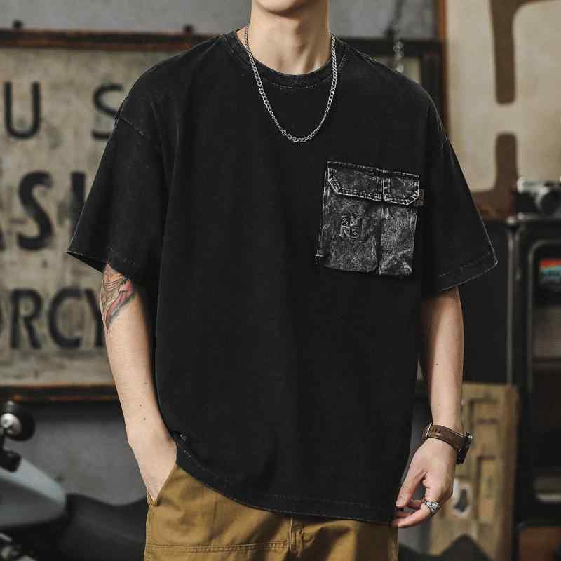 メンズ Tシャツ 短袖 夏用 ゆったり トップス 綿素材 丸首 落肩袖 薄手 黒 復古 洗い加工 抗菌 ポケット付き 休? かわいい ビンテージ風 ゆったりシルエット 吸湿速乾 軽量 普段使い